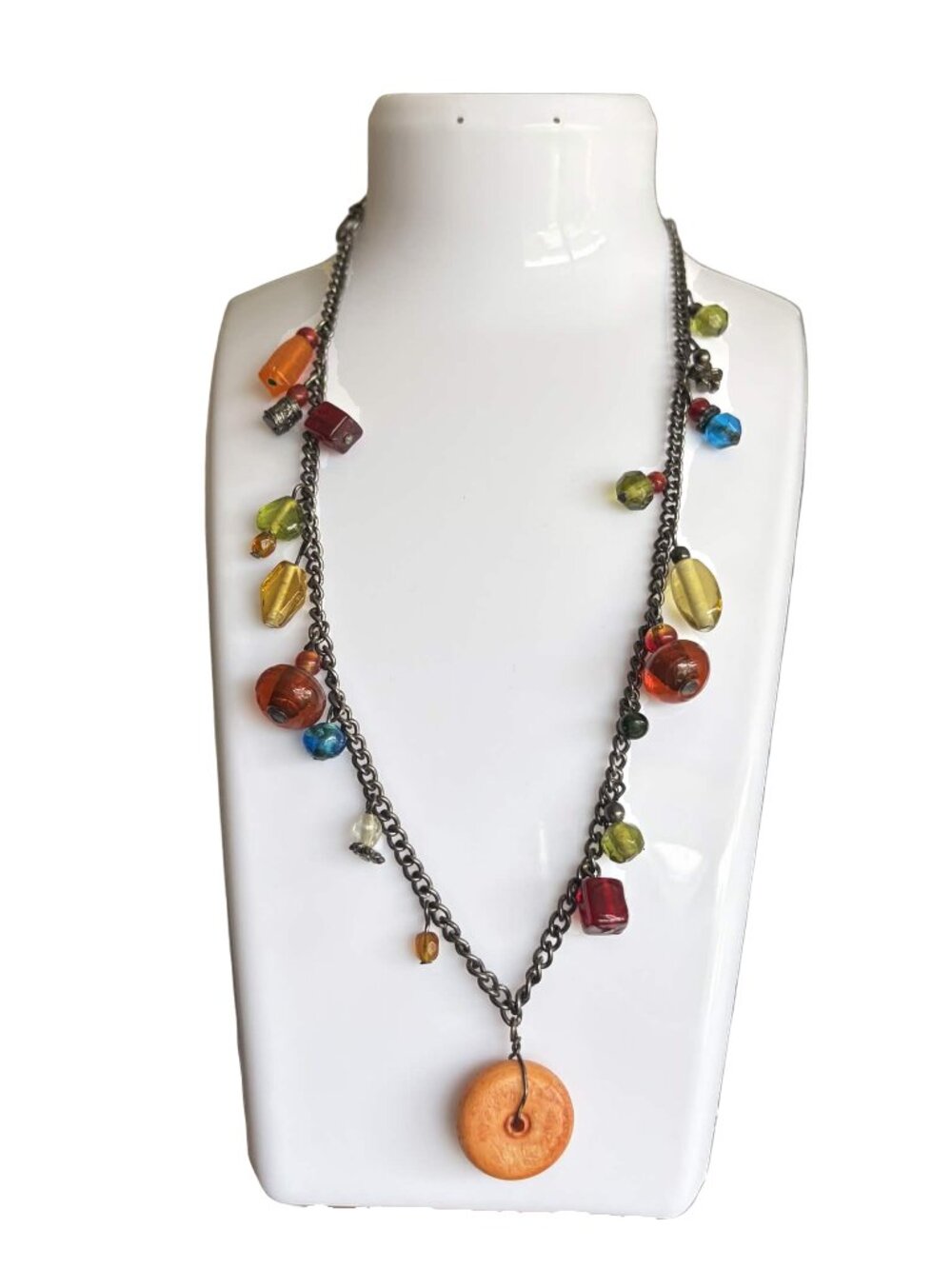 Vintage Bohemian Beaded Necklace Lampwork Glass Beads Wood Pendant 17.5"